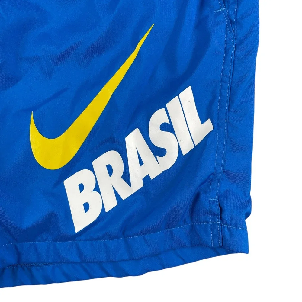 Nike Swim Trunks Mens M Blue Swoosh Brasil Logo Elastic Waist Drawstring Pockets